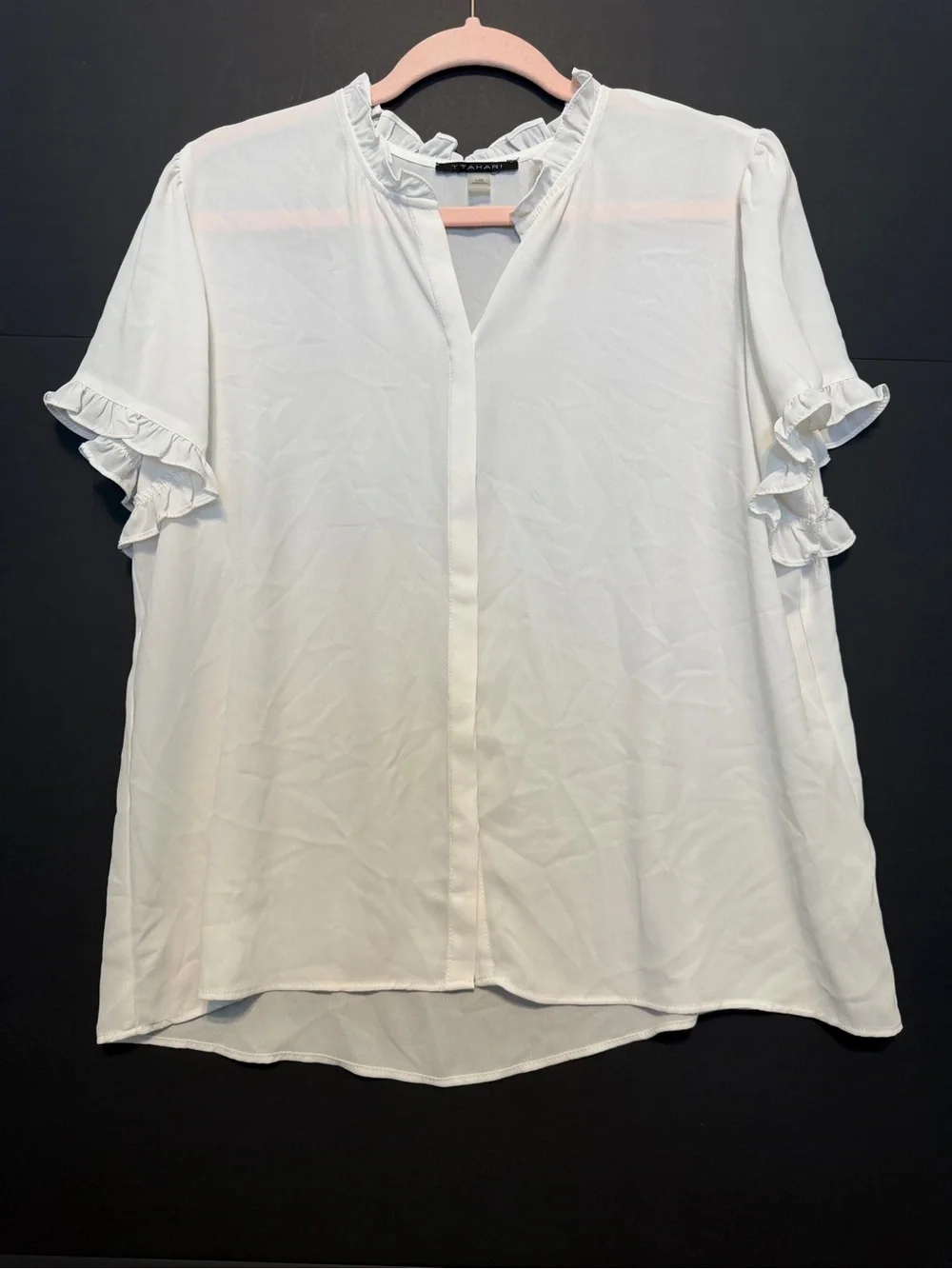 T Tahari White Ruffle Sleeve Blouse - Picture 1 of 5
